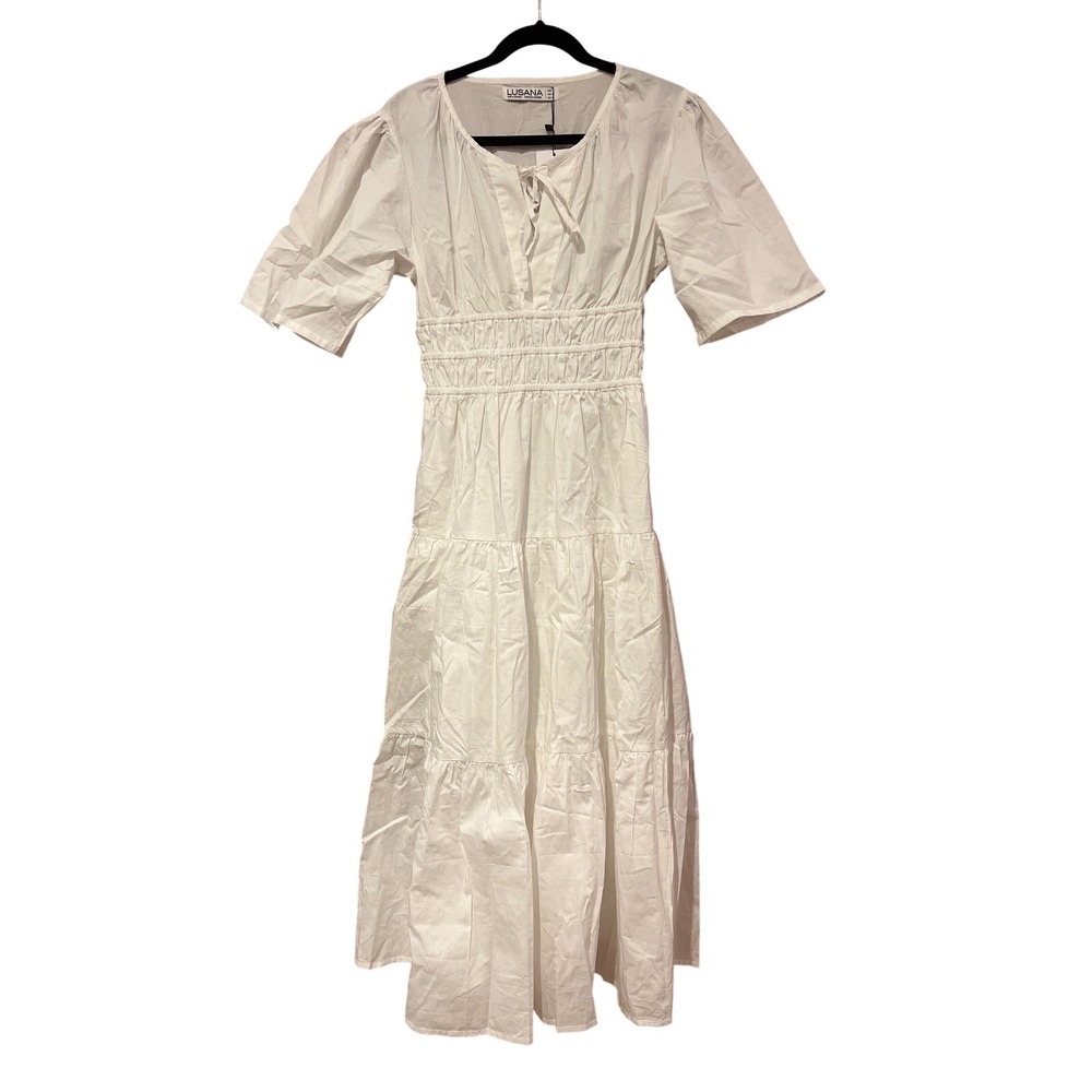 Lusana white cotton Tori maxi dress Large‎ tiered poplin resort vacation - Picture 5 of 9